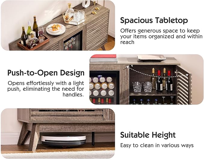 60" Farmhouse Coffee Bar Cabinet with Beverage Fridge (Included), Wine Bar Cabinet with Drawer Storage, Mini Fridge Cabinet, Sideboard Cabinet for Dining Room, Living Room-Brown