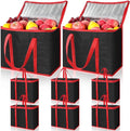 Kenning 8 Pcs Large Insulated Reusable Grocery Bags with Sturdy Zipper and Handles Foldable Washable Cooler Totes Heavy Duty Hot or Cold Food Delivery Bag for Food Transport Travel Lunch (Black Red)