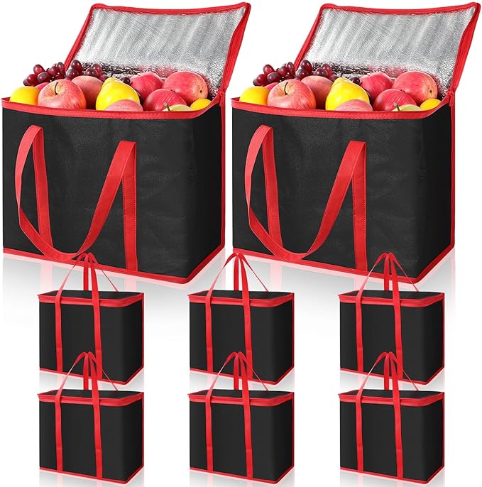 Kenning 8 Pcs Large Insulated Reusable Grocery Bags with Sturdy Zipper and Handles Foldable Washable Cooler Totes Heavy Duty Hot or Cold Food Delivery Bag for Food Transport Travel Lunch (Black Red)
