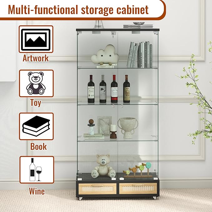 Yoluckea 4 Tier Glass Display Cabinet with LED Lighting and 2 Drawers, 2 Doors Floor Standing Curio Cabinet with Wheel for Home, Office, Corner Display, Black Glass Bookshelf for Collections and Decor