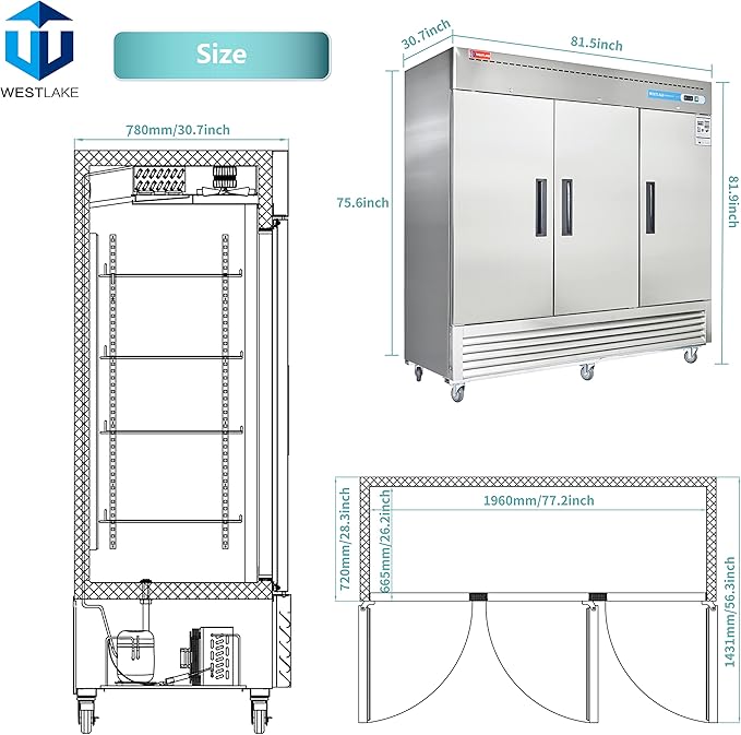 WESTLAKE 82" W Commercial Refrigerator 3 door 3 Section Stainless Steel Reach in Solid door Upright Fan Cooling 72 Cu.ft Cooler for Restuarant, Bar, Shop, etc