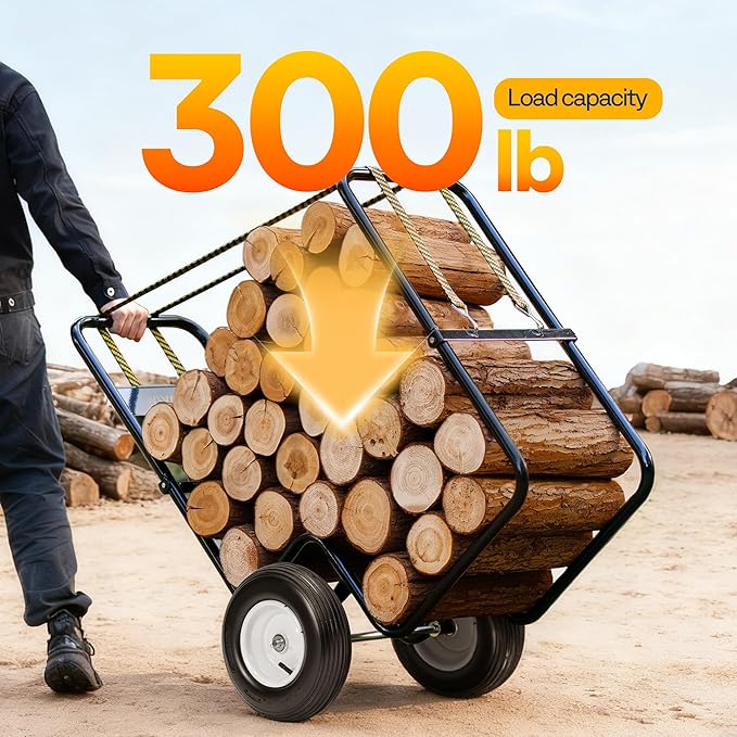 VIVOHOME Firewood Cart with Rubber Wheels and 600D Oxford Cloth, X-Large 300 LB Capacity Heavy Duty Steel Log Carrier Dolly Hauler, Wood Rack Storage Mover for Easy Transport Indoor Outdoor Use