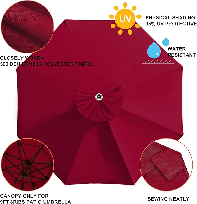 EliteShade USA 9FT Patio Umbrella Replacement Covers 8 Ribs Market Umbrella Canopy Cover (CANOPY ONLY) (Burgundy)
