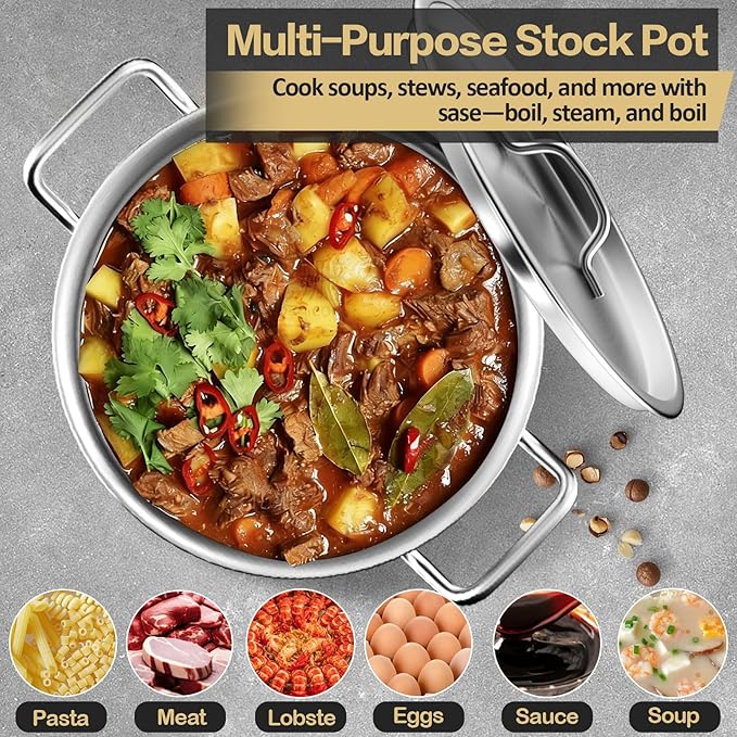 Stainless Steel Stockpot – 50QT Stock Pot with Lid, Heavy-Duty Tri-Ply Bottom Cooking Pot for Canning, Boiling Beer Brewing, Soup, Seafood Boil – Satin Finish Stainless Steel Soup Pots