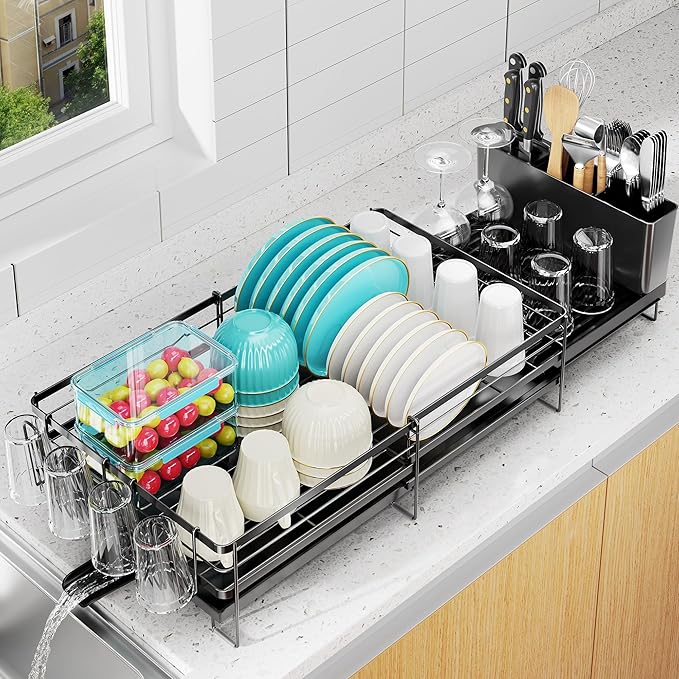 Large Dish Drying Rack, Expandable Dish Rack for Kitchen Counter, Upgraded Dish Drainer with Drainboard Set, Multifunctional Dishrack with Utensil Holder & Cup Holder, 13.4"-28.7" L x 11.8" W