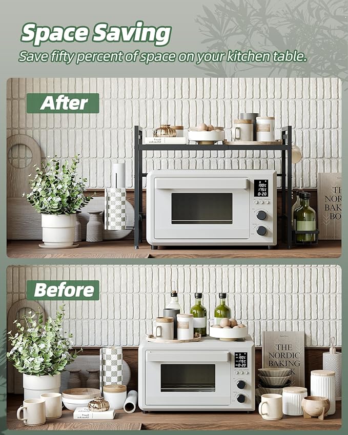 NETEL Expandable Microwave Stand,2 Tier Metal Kitchen Countertop Organizer Shelves with Paper Towel Holder and Baskets,Bakers Rack,Microwave Shelf,Microwave Oven Rack,55lbs Weight Capacity