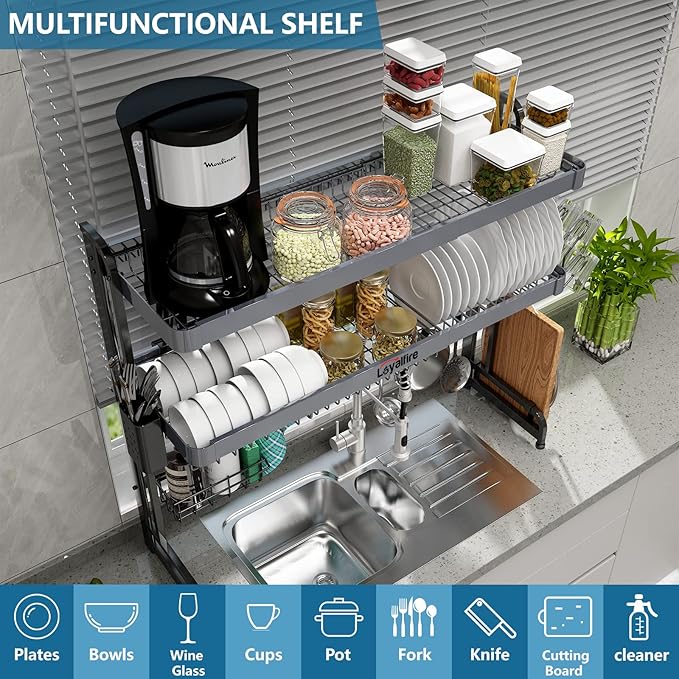Over Sink Dish Drying Rack, 3 Tier Adjustable Length (20.87'' to 37.6'') Stainless Steel Large Storage Kitchen Dish Rack, Expandable Drainer Shelf Rack with Multifunctional Organizers