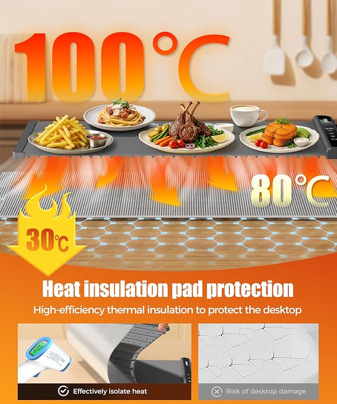 Food Warming Mat with Heat-Resistant Pad, 26X15 Inch, 6 Temperature & 6 Timer Settings, Child Lock Safety,Food Warmer Chafing Dishes for Buffet,Gatherings,Parties,Everyday Use