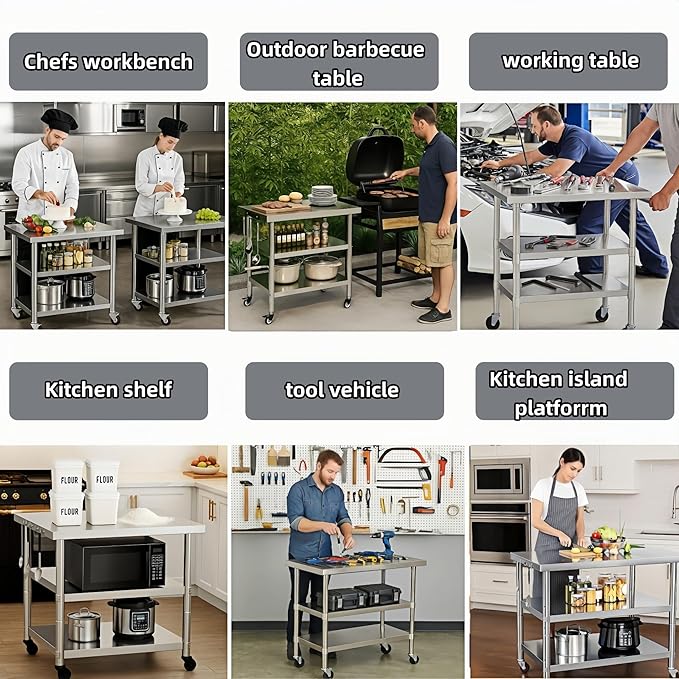 Stainless Steel Table with Wheels for Food Preparation and Work, Multi-Size Optional, Three-Layer Variable Two-Layer Metal Commercial Workbench Outdoor, Restaurant, Kitchen (24" Lx24 Wx35 H)