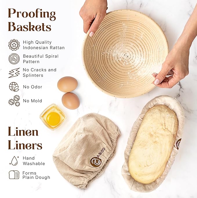 Sourdough Bread Baking Supplies and Starter Kit - Ultimate Bread Making and Sourdough Starter Kit with Proofing Baskets, 34oz Sourdough Jar, Bread Lame, Scrapers & Danish Whisk
