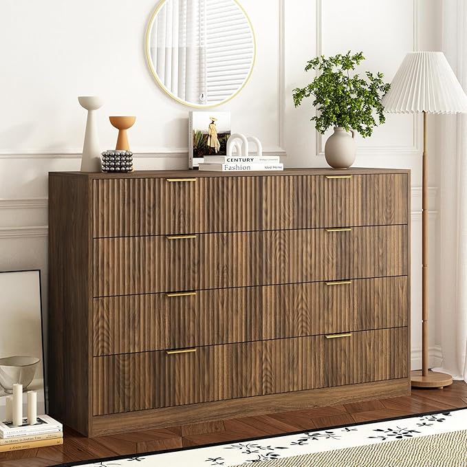 8 Drawer Dresser for Bedroom, Modern Fluted Double Dresser, 55" Wide Chest of Dressers, Mid Century Wooden Beside Table for Closet, Living Room and Entryway, Natural
