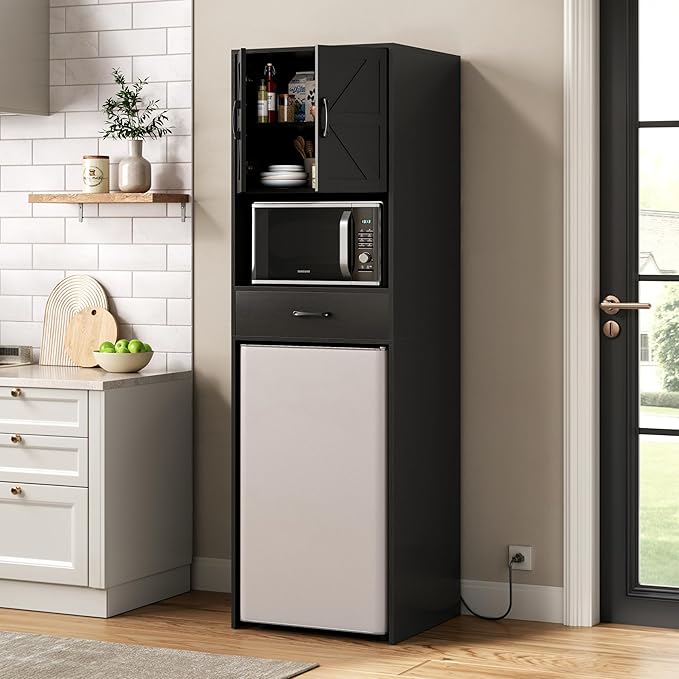 Mini Fridge Stand with Storage and Power Outlet, Coffee Bar Cabinet with Microwave Shelf, – Fits Most Mini Fridges and Wine Coolers, for Dorm, Kitchen, or Office Black KH03MRB