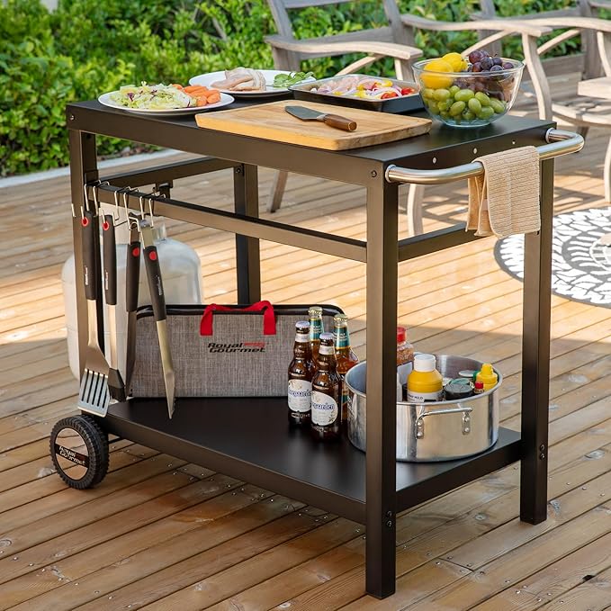 Royal Gourmet Dining Cart Table with Double-Shelf, Movable Stainless Steel Flattop Grill Cart, Hooks, Side Handle, Multifunctional PC3401B (Black)
