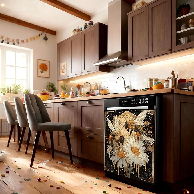 Dishwasher Magnet Cover, Creative Patterns Sticker, Dishwasher Magnetic Decoration, Refrigerator Protection Decoration, Bee and Flower, Kitchen Art Decoration 23x25.5 inches