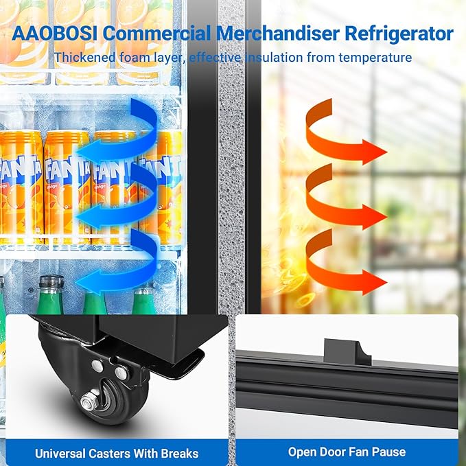 AAOBOSI Commercial Merchandiser Refrigerator,12.2Cu.Ft Glass Door Display Refrigerator,Upright Beverage Cooler Fridge with Soft LED Light, Customizable Lightbox,Universal Casters, Adjustable Shelves