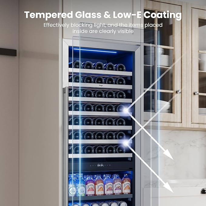 Yeego 24 Inch Wine Fridge – Wine and Beverage Cooler 34°F-65°F, 304 Stainless Steel Glass Door Lock, Temp Memory Blue & White LED Built-in Fridge with Adjustable Shelves (182 Can+77 Bottle)