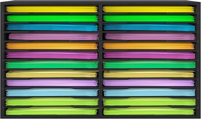 EasyPAG Scrapbook Paper Storage Organizer for Craft Room, 12x12 Paper Storage Desk Shelf, 24 Slot Adjustable File Sorter for Office School Classroom, Black