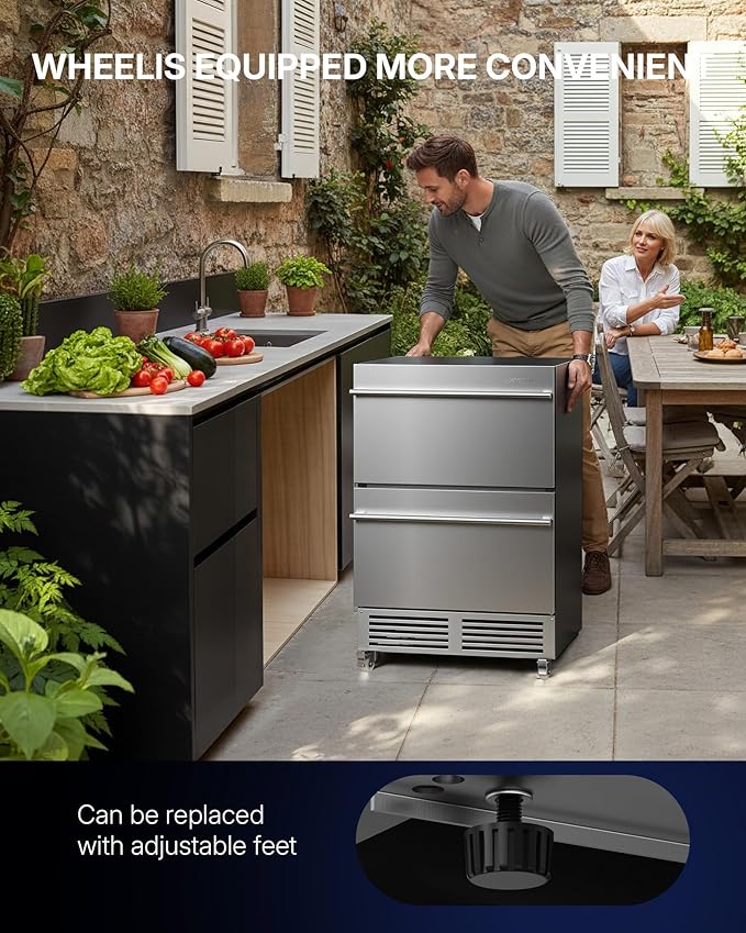 Upstreman 24 Inch Under Counter Double Drawer Refrigerator, Waterproof Stainless Steel Outdoor Refrigerator, Grid Organizers, LED Light, Built-in or Freestanding Beverage Fridge for Home/Patio -BR50D