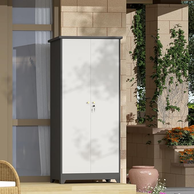 GREATMEET 72.8" Outdoor Broom Storage Cabinet, Metal Storage Cabinets for Cleaning Supplies with Slanted Roof, Waterproof Outdoor Slim Shed,Utility Closet for Broom Mop, Grey&White