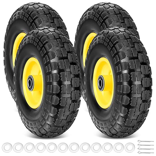 TICONN 4.00-6 Tire and Wheel Flat Free, 4 Pack 13" Solid Tires with 5/8" Axle Bore Hole and Double Sealed Bearings, Perfect for Wheelbarrow, Garden Cart, Wagon, Dolly (Yellow, 4PK)
