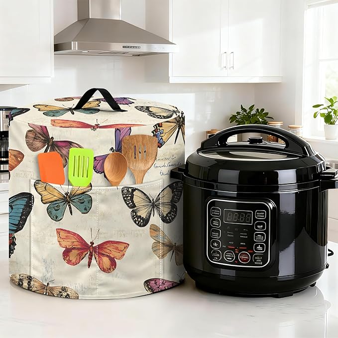 Kitchen Appliance Accessories Dust Cover for 3-6-8 Quart Instant Pot, Pressure Cooker, Air Fryer & Crock Pot,Decorative Appliance Cloth Cover with Top Handle & Storage Pockets (Butterfly, 6 Quart)