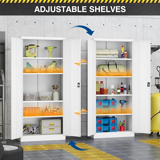 Metal Storage Cabinet-72” Tall Steel File Cabinets with Lockable Doors and Adjustable Shelves-White Steel Storage Cabinet for Kitchen, Office, Garage