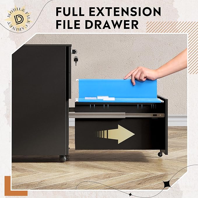 DEVAISE 3 Drawer File Cabinet with Lock, Rolling Black Filing Cabinet Organizer Under Desk, Fully Assembled Mobile Storage with Wheels & Anti-Tip Caster, for Home Office