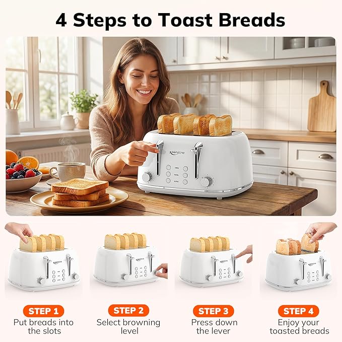 Keenstone Toaster 4 Slice, Retro Stainless Steel Wide Slot Toaster with Dual Independent Controls, 6 Browning Levels, Bagel, Defrost, Reheat & Cancel, Removable Crumb Tray, White