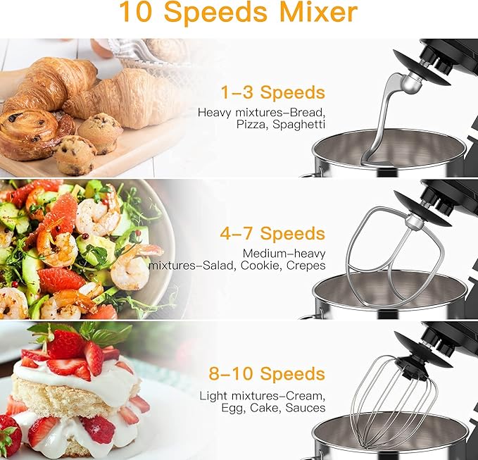7.5 QT Stand Mixer, 10-Speed Tilt-Head Electric Dough Mixer with Stainless Steel Bowl, Includes Dough Hook, Wire Whisk, and Beater, with Splash Guard for Home Cooks, Black
