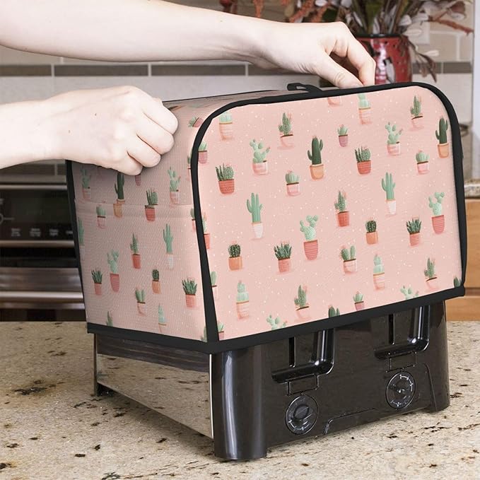 2 Slice Toaster Cover for Kitchen Cactus Pattern Pastel Waterproof and Dustproof Toaster Dust Cover with Side Pockets Decorative Universal Cover for Wide Slot Toasters and Small Appliances