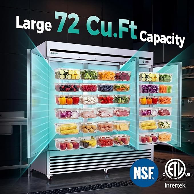 81" Commercial Refrigerator 72 Cu.Ft, Stainless Steel 3-Door Reach-in Fridge, 33–40℉, Air Cooling, LED Light, 9 Shelves, R290, ETL