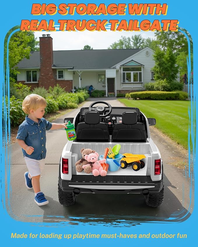 ENYOPRO 24V Ride on Toys for Big Kids, Licensed RAM 1500 RHO 2 Seater Toddler Ride on Car w/Remote Control, Kids Electric Car w/Truck Bed Storage, Real Tailgate, Music, LED Lights (White - High Door)