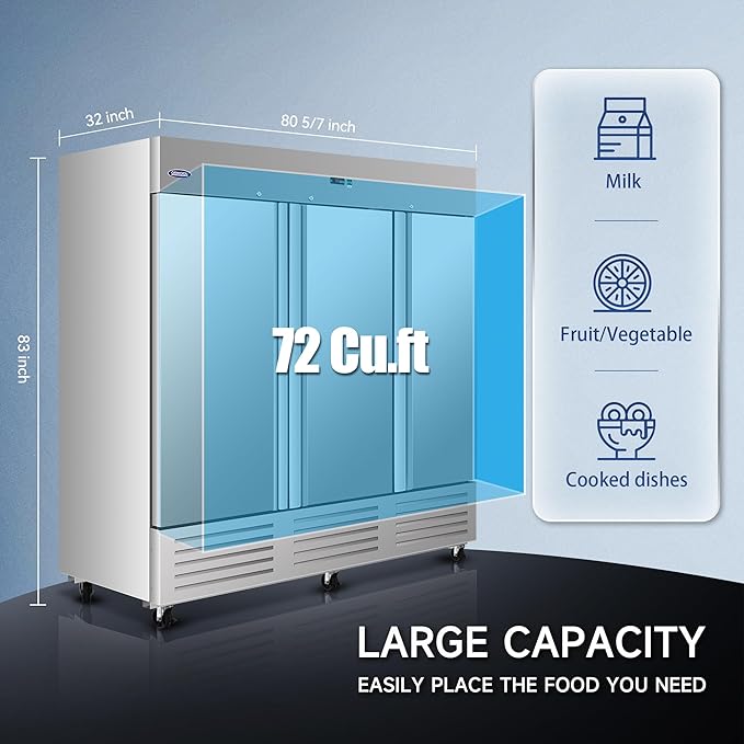 mikibama Glass Door Merchandiser Refrigerator Swing Door Commercial Display Refrigerators Merchandising Refrigeration with LED Top Panel,Black (72 Cu.ft)