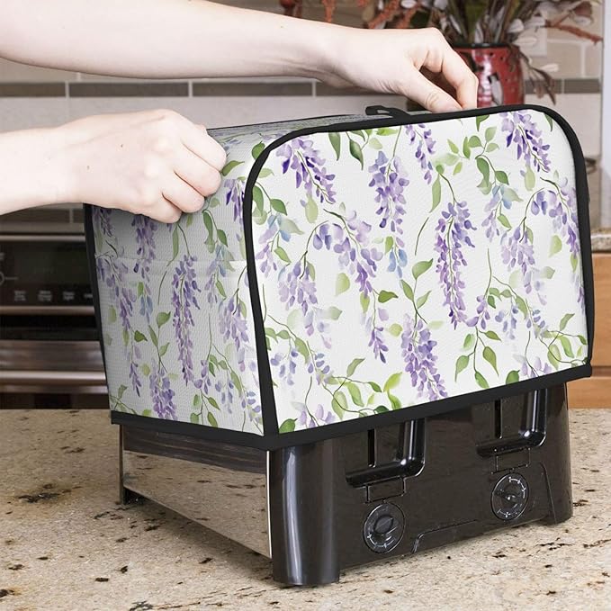 2 Slice Toaster Cover for Kitchen Lavender Flower Pattern Waterproof and Dustproof Toaster Dust Cover with Side Pockets Decorative Universal Cover for Wide Slot Toasters and Small Appliances