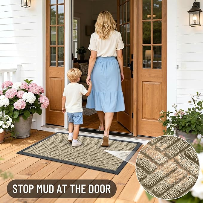 OLANLY Front Door Mat Outside Entrance 59x34, Absorbent, Heavy Duty Sturdy Natural Rubber Doormat Indoor Outdoor, Stain and Fade Resistant, Non-Slip Backing Low Profile Floor Mat for Entryway, Beige