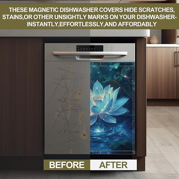 Glowing Lotus Flower Magnetic Dishwasher Cover,Dishwasher Covers for The Front Magnetic Dishwasher Panel Decal Cover for Kitchen 23x26inch