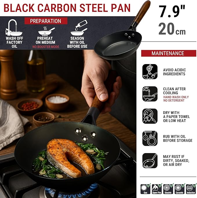 YOSUKATA 7.9" Carbon Steel Frying Pan – Non-Toxic Pre-Seasoned Skillet with Removable Wooden Handle – Coating-Free Wok-Style Pan for Gas, Induction, Electric, Oven & Grill BBQ