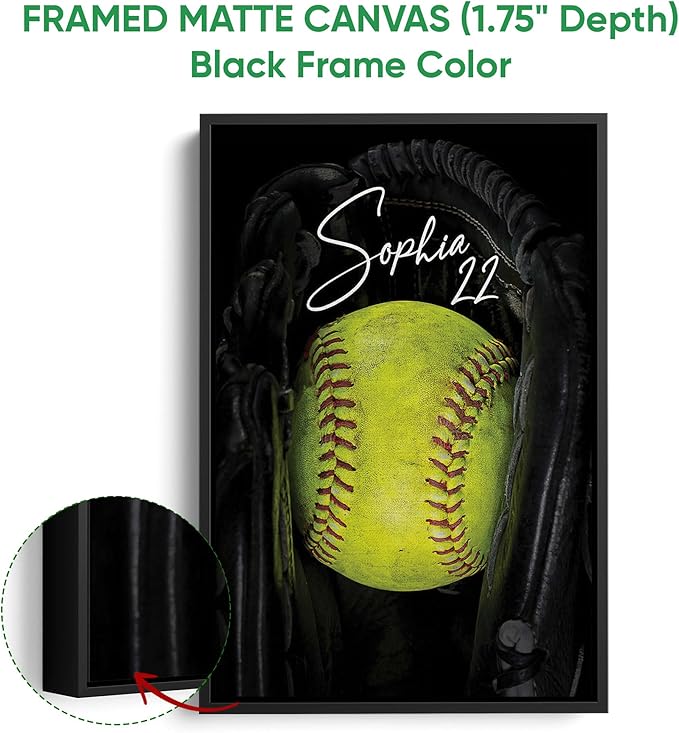 Custom Softball Ball Black Glove Sports Gift For Girls Players Personalized Name Number Poster & Framed Canvas, Wall Art Home Office Decoration Living Room Bedroom Aesthetic Decor