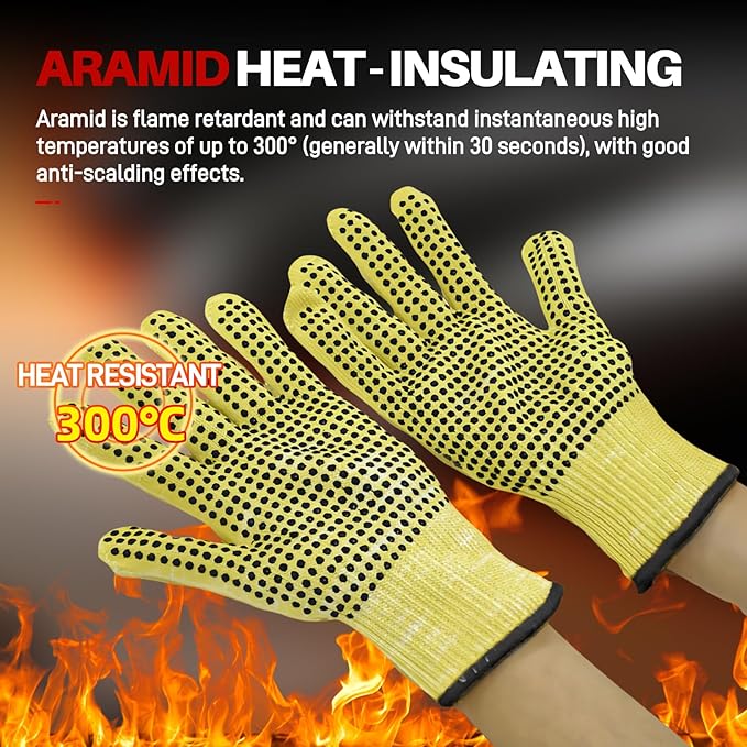 Heat Cut Resistant Gloves,Aramid leather Oven Gloves with Fingers,Heat Resistant Up to 550°F, Thick Knit Grill Mitts (silicone beads, Small)
