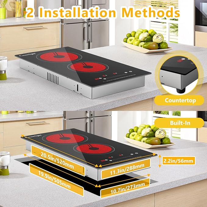2 Burner Electric Ceramic Cooktop, 110-120V Plug In Countertop Stove, Touch Control with 99-Min Timer, Child Lock & Auto Shutoff, 12 Inch Radiant Cooktop for Indoor Cooking