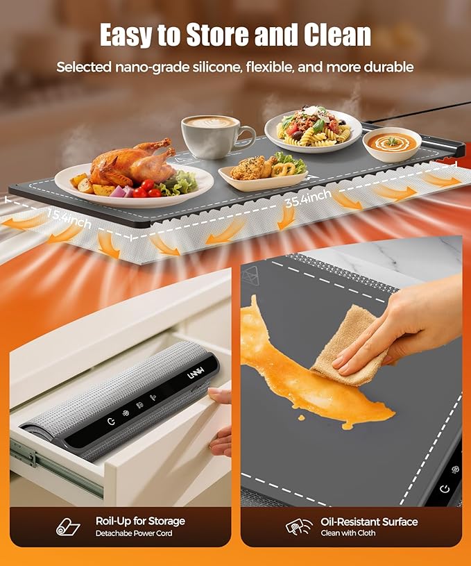 Extra Large Food Warming Mat with Heat-Resistant Pad, 36X15 Inch, 6 Temperature & 6 Timer Settings, Child Lock Safety,Food Warmer Chafing Dishes Fits for Family Dinners and Parties
