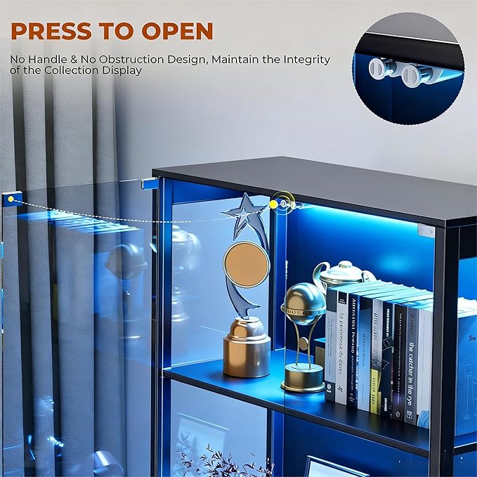 Display Cabinet with Glass Doors, Curio Cabinet with 3 LED Lights and Human Body Sensor, Bookcase with 4 Shelves Storage Cabinets, Black