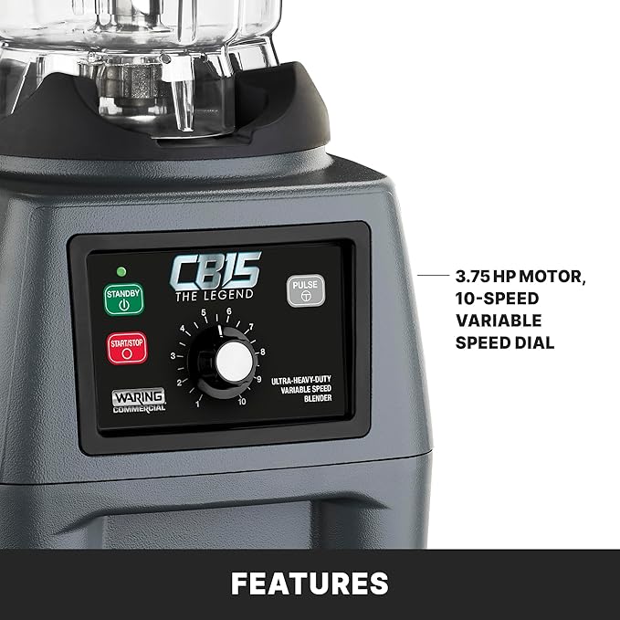 Waring Commercial CB15VP Ultra Heavy Duty 3.75 HP Blender, Electric Touchpad Controls with Variable Speed, BPA Free Copolyester 1 Gallon Container, 120V, 5-15 Phase Plug, Gray