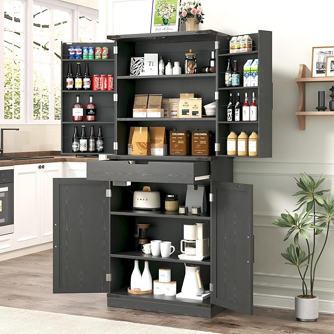 72" Tall Storage Cabinet, Kitchen Pantry Cabinet with Adjustable Shelves & Sturdy Steel Frame, Farmhouse Pantry Storage with 4 Barn Doors for Kitchen, Dining Room, and Living Room, Black