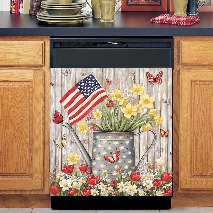 Patriotic American Flag Dishwasher Magnet Cover,Pastoral Flowers Butterfly Magnetic Dishwasher Cover Vinyl Sticker,Fridge Door Cover Magnets Art Skin Panel Decal,Home Decor Decal,23"X26"