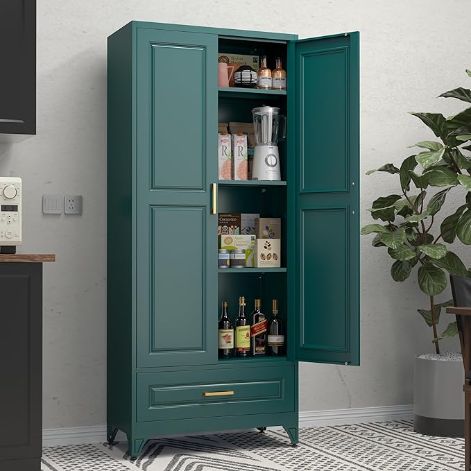 75" Tall Metal Storage Cabinet, Kitchen Pantry Storage Cabinets with Doors and 3 Shelves, Food Pantry Cabinet with Drawer, Utility Kitchen Cupboard, Large Steel Cabinets for Dining, Green