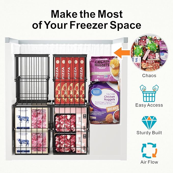 iSPECLE Deep Freezer Organizer Bins - 4 Pack Large Adjustable Freezer Organizer Bins for 5 to 7 Cu.Ft Chest Freezer, Stackable No Wasted Space, Easily Access Pizza (≤12") without Digging, Black