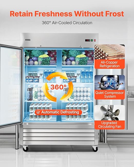 VEVOR Commercial Reach-In Refrigerator 54" W, 44 Cu.Ft Stainless Steel Upright Refrigerator with Double Glass Doors, Auto-Defrost, 8 Adjustable Shelves, 32 to 50℉ Temp Control, ETL Certified