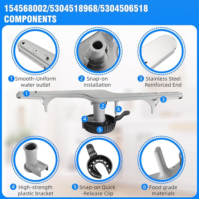 154568002 Dishwasher Lower Wash Arm and 5304518968 Dishwasher Lower Spray Arm Support and 5304506518 Trap Drain Filter Support for Frigidaire Electrolux 1545680 5304517203 154568001 154414101 (Grey)