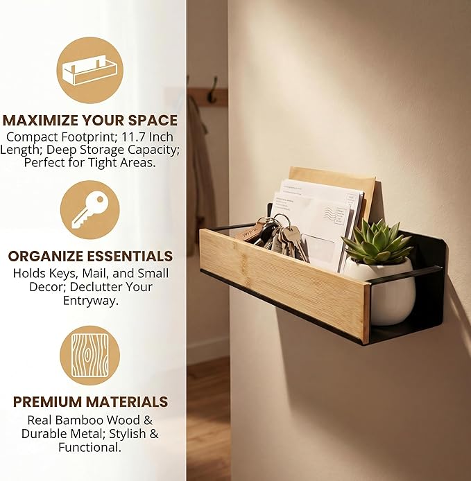 Bathroom Shelves,Wall Mounted Floating Shelf,Over Toilet Storage Shelf,Metal Bamboo Wall Shelves,Home Storage Organizer Essentials for Bathroom/Living Room/Kitchen/Bedroom(White)